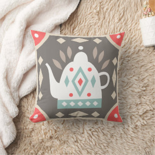 Rustic Retro Country Geometric Colourful Teapot Cushion
