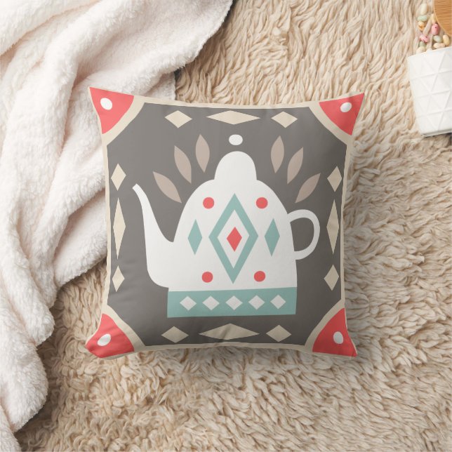 Rustic Retro Country Geometric Colourful Teapot Cushion (Blanket)