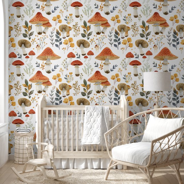 Rustic Retro Floral Mushroom Garden Fabric Pattern Wallpaper (Kids)