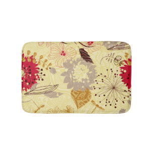 Rustic Retro Floral Pattern Beige And Red Bath Mat