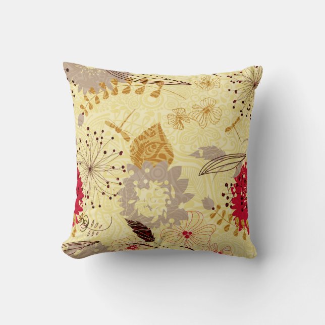 Rustic Retro Floral Pattern Beige And Red Cushion (Front)