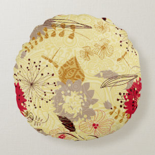 Rustic Retro Floral Pattern Beige And Red Round Cushion