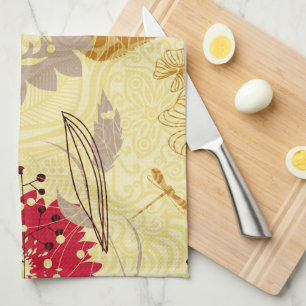 Rustic Retro Floral Pattern Beige And Red Tea Towel