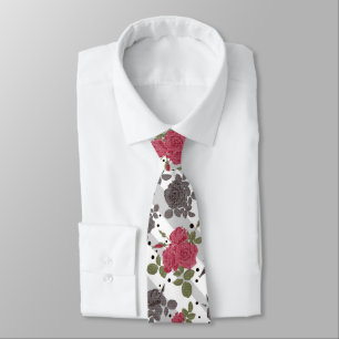 Rustic retro gray white striped flowers red roses tie
