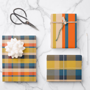 Rustic Retro Modern Plaid & Stripe Patterns Wrapping Paper Sheet