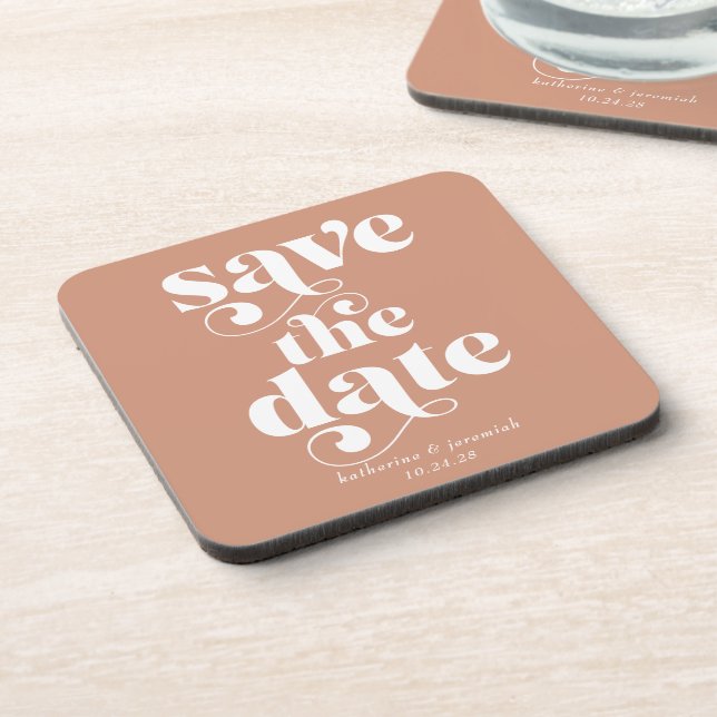 Rustic Retro Typography Wedding Save the Date Coaster (Left Side)