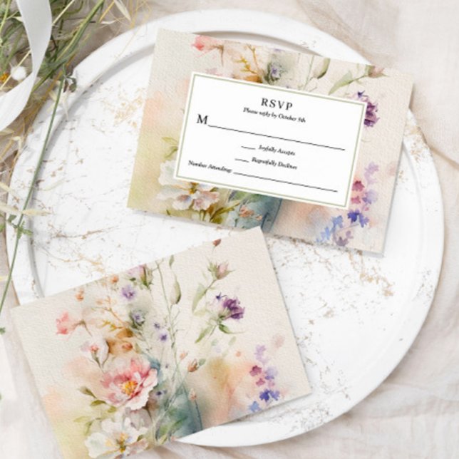 Rustic Retro Watercolor Wildflowers Wedding  RSVP Card (Creator Uploaded)