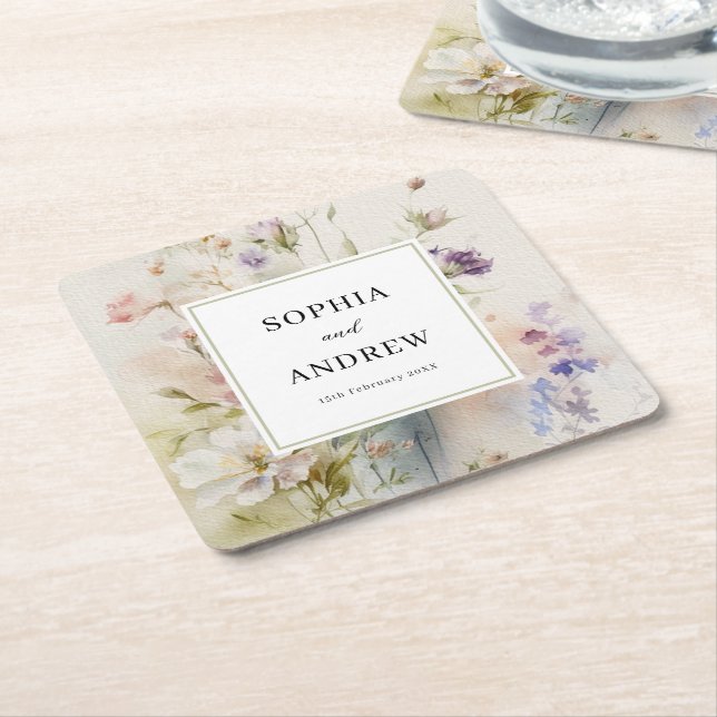 Rustic Retro Watercolor Wildflowers Wedding  Square Paper Coaster (Angled)