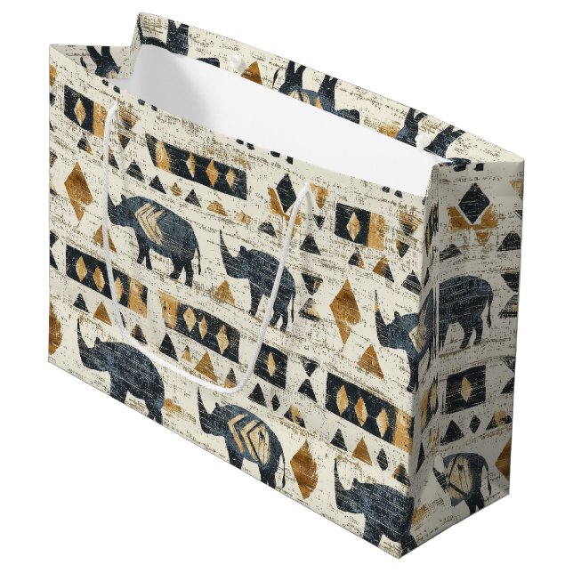 Rustic Rhino Tribal Pattern (1) Large Gift Bag (Front Angled)