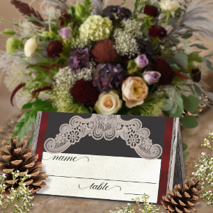 Rustic Ribbon & Lace - Burgundy Place Card