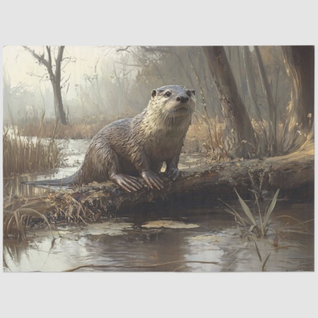 Rustic River Otter Wildlife Painting Decoupage Tissue Paper (Front)