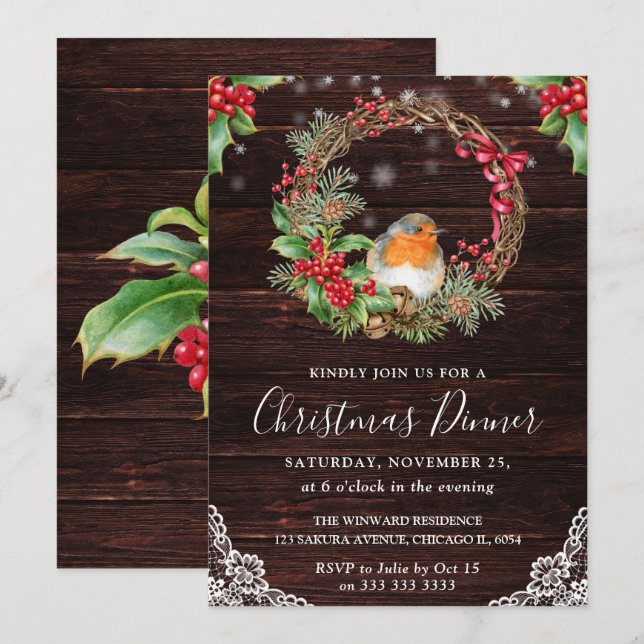 Rustic Robin and Holly Wreath Christmas Invitation (Front/Back)