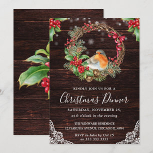 Rustic Robin and Holly Wreath Christmas Invitation