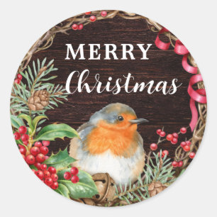Rustic Robin Merry Christmas Holiday Classic Round Sticker