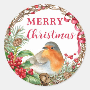 Rustic Robin Merry Christmas Holiday Classic Round Sticker