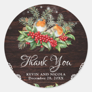 Rustic Robins & Holly Winter Foliage Wedding Classic Round Sticker