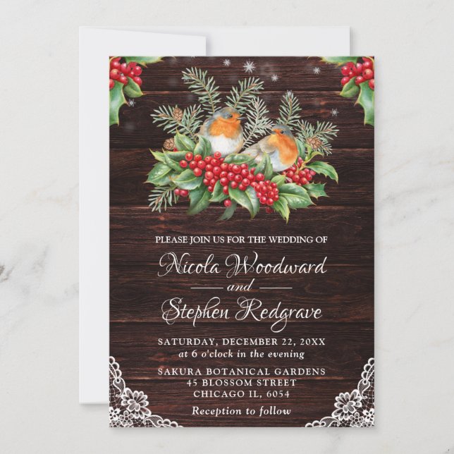 Rustic Robins & Holly Winter Foliage Wedding Invitation (Front)