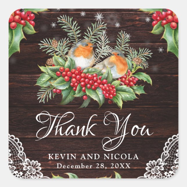 Rustic Robins & Holly Winter Foliage Wedding Square Sticker (Front)