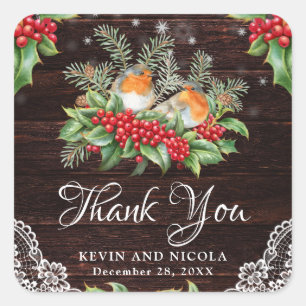 Rustic Robins & Holly Winter Foliage Wedding Square Sticker