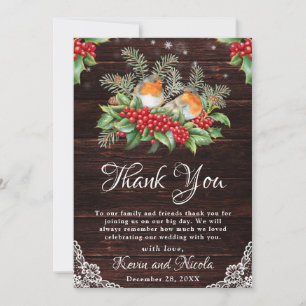 Rustic Robins & Holly Winter Foliage Wedding Thank You Card