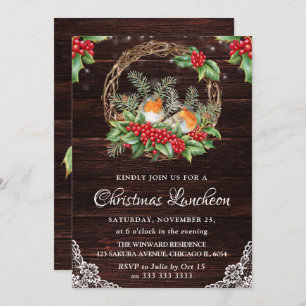 Rustic Robins & Holly Wreath Christmas Luncheon Invitation
