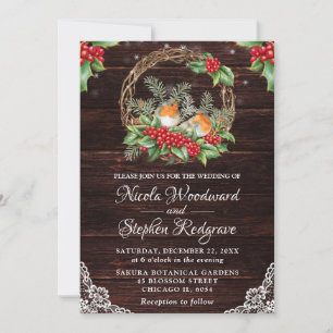 Rustic Robins & Holly Wreath Winter Wedding Invitation