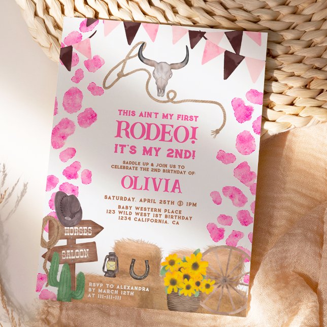 Rustic rodeo cowgirl western cow 2nd birthday invitation (Creator Uploaded)