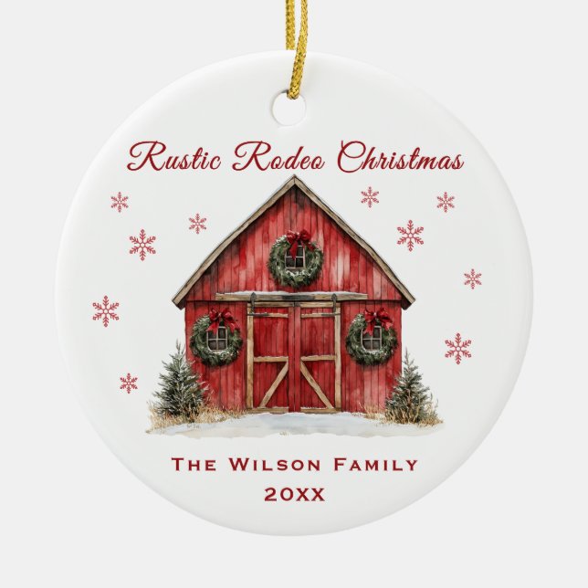 Rustic Rodeo Red Barn Christmas Ceramic Tree Decoration (Front)