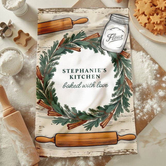Rustic Rolling Pin Wreath Personalised Christmas Tea Towel (Creator Uploaded)