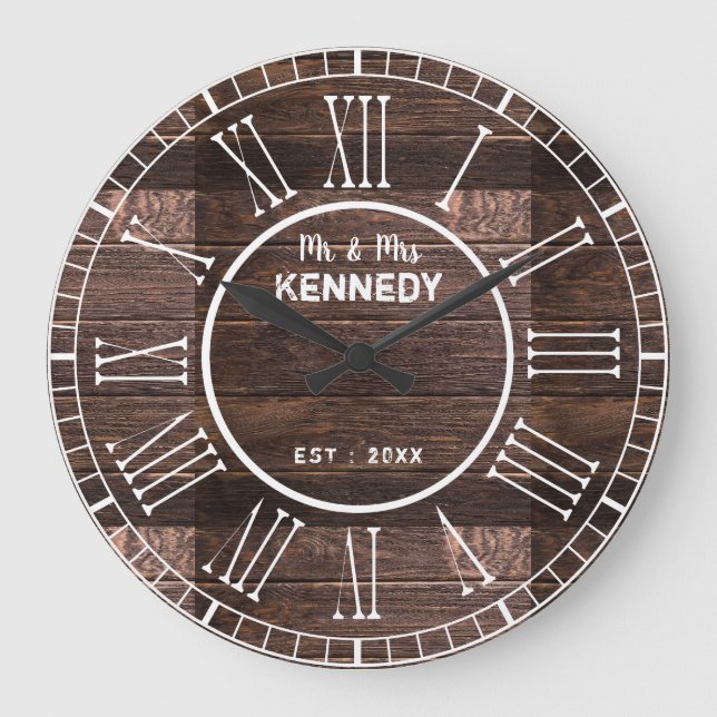 Rustic Roman Numeral Barn Wood Wedding Large Clock (Front)