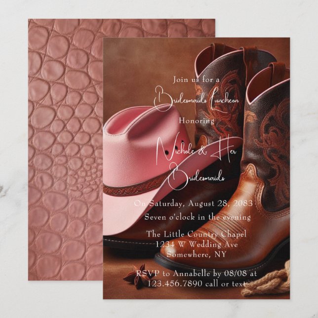 Rustic Romance: Boots & Hat Bridesmaids Luncheon Invitation (Front/Back)