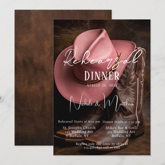 Rustic Romance: Boots & Hat Rehearsal Dinner Invitation (Front/Back)