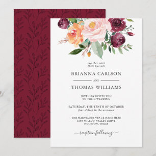 Rustic Romance Burgundy and Pink Floral Wedding Invitation