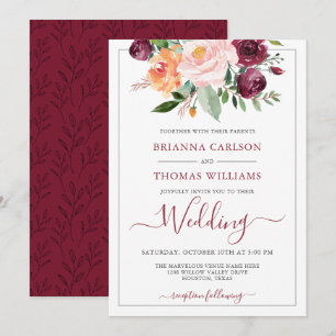 Rustic Romance Burgundy and Pink Floral Wedding Invitation