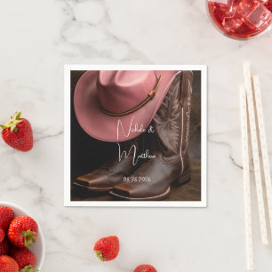 Rustic Romance: Cowboy Boots & Rose Hat Wedding Napkin