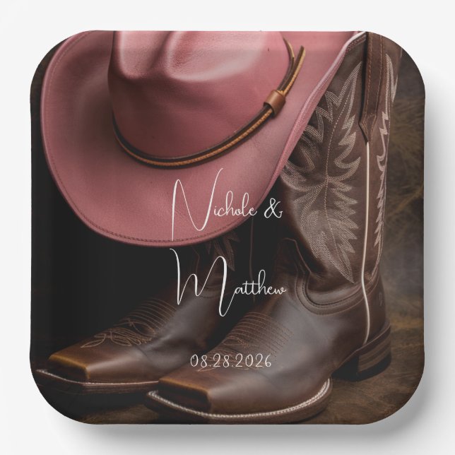Rustic Romance: Cowboy Boots & Rose Hat Wedding Paper Plate (Front)