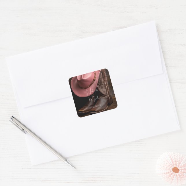 Rustic Romance: Cowboy Boots & Rose Hat Wedding Square Sticker (Envelope)