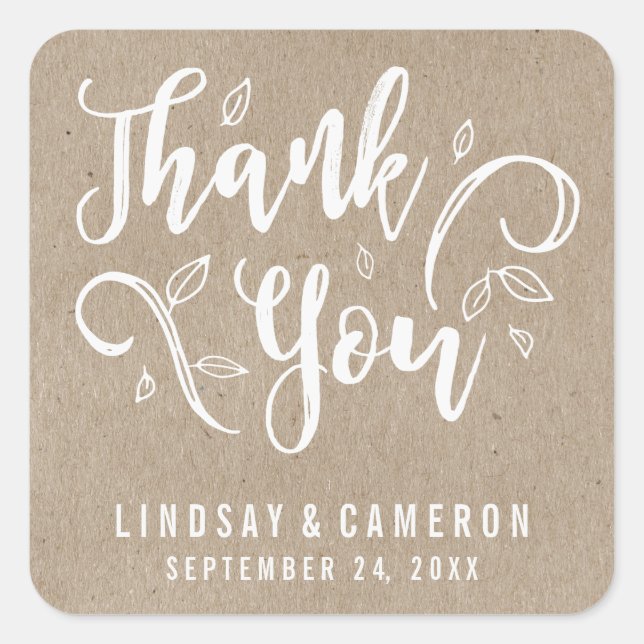 Rustic Romance Faux Kraft Paper Wedding Thank You Square Sticker (Front)