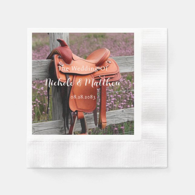 Rustic Romance: Saddle on the Fence Wedding Napkin (Front)