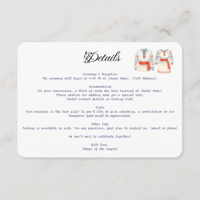 Rustic Romanian Wedding Traditional Folk Costumes  Enclosure Card (Front)