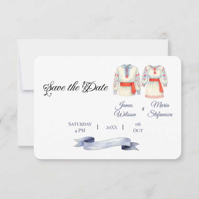 Rustic Romanian Wedding Traditional Folk Costumes  Save The Date (Front)