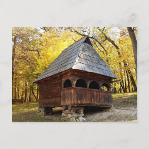 Rustic Romanian Wood Cabin in Autumn Postcard