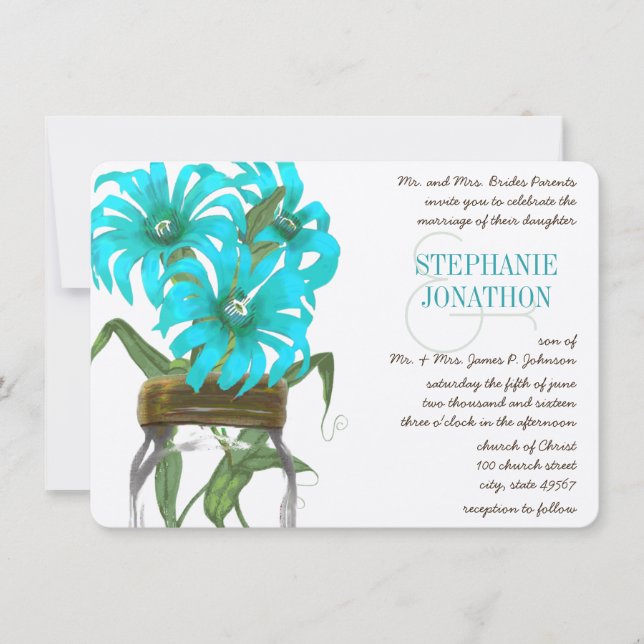 Rustic Romantic Aqua Mason Jar Wild Flower Wedding Invitation (Front)