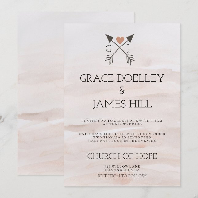 Rustic Romantic Arrows and Heart Wedding Invitatio Invitation (Front/Back)