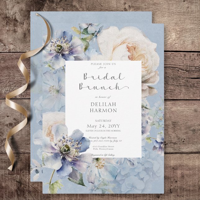 Rustic Romantic Blue & White Floral Bridal Brunch Invitation (Rustic Romantic Blue & White Floral Bridal Brunch Invitation)