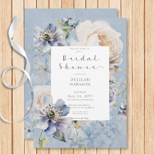 Rustic Romantic Blue & White Floral Bridal Shower Invitation