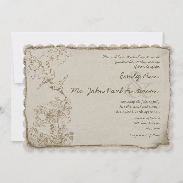 Rustic Romantic Brown Paper Lovebirds Wedding Invitation (Front)