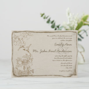 Rustic Romantic Brown Paper Lovebirds Wedding Invitation
