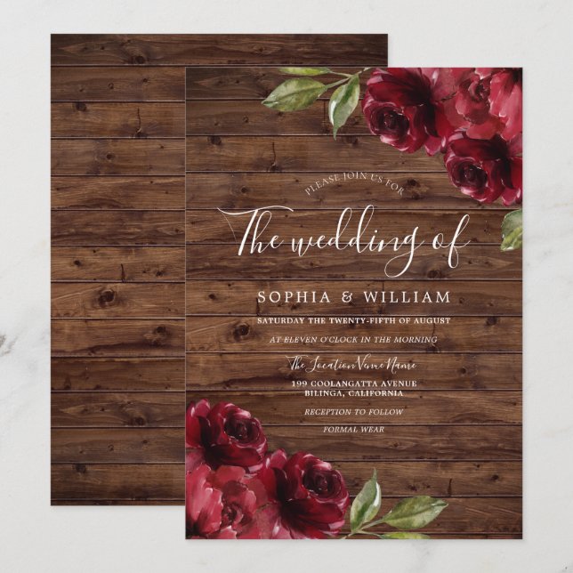 Rustic Romantic Burgundy Red Rose Wedding Invitation (Front/Back)
