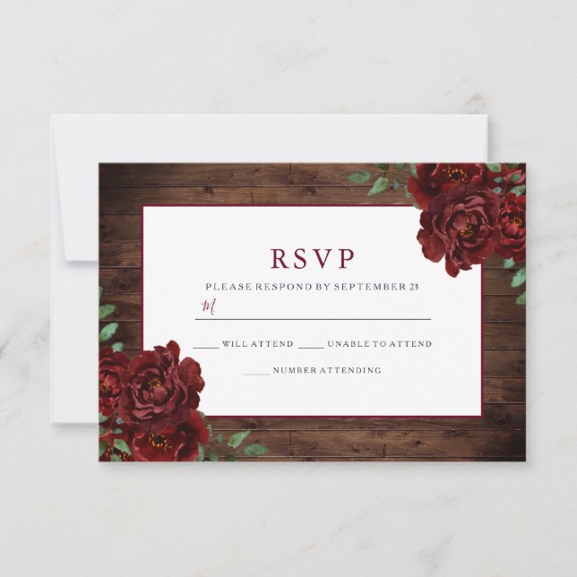 Rustic Romantic Burgundy Rose Wedding RSVP Card (Front)